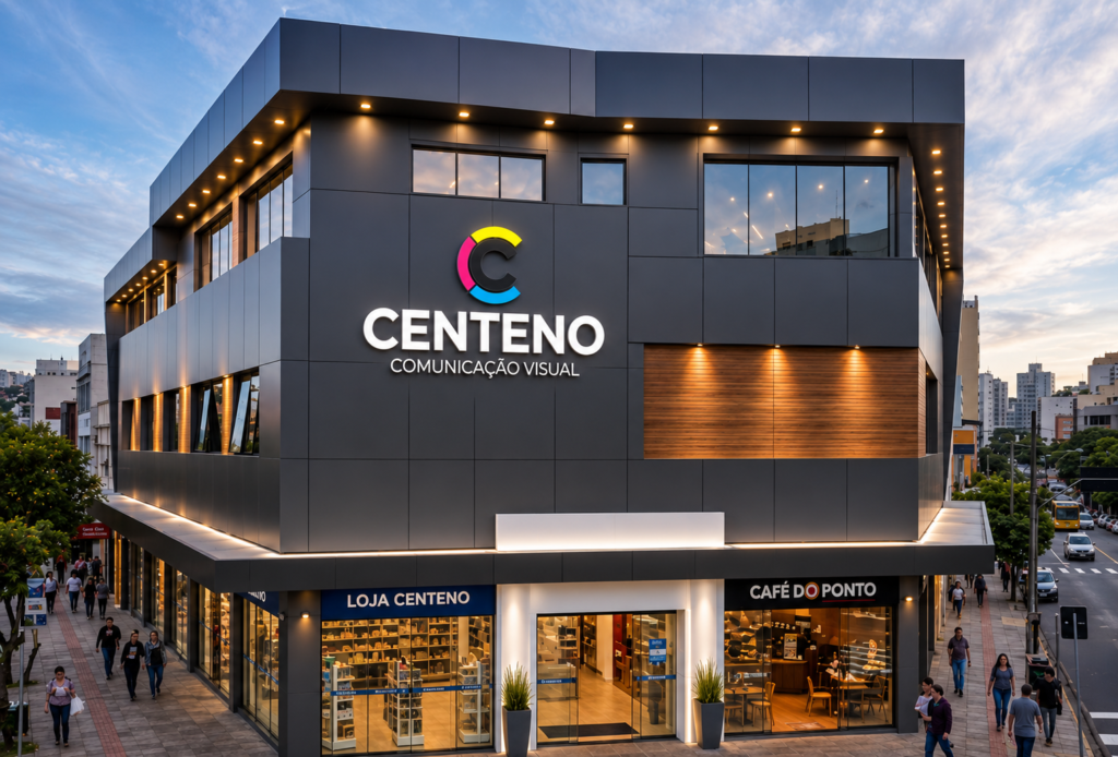 Fachada comercial moderna em ACM da Centeno Comunicação Visual, com revestimento em alumínio composto na cor grafite, iluminação embutida, grandes áreas envidraçadas e identidade visual destacada em prédio de esquina na região metropolitana de Porto Alegre.