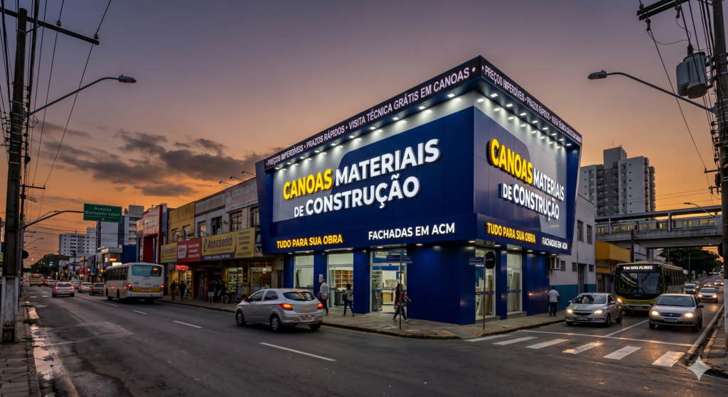 Fachada comercial de esquina à noite da loja "Canoas Materiais de Construção" na Avenida Guilherme Schell, em Canoas. A estrutura é revestida com painéis de ACM em azul escuro e conta com grandes letras caixa iluminadas em branco e amarelo. Refletores de LED embutidos na platibanda iluminam o topo da fachada, que exibe textos promocionais como "Visita Técnica Grátis em Canoas" e "Fachadas em ACM". Carros e ônibus circulam pela avenida ao entardecer.