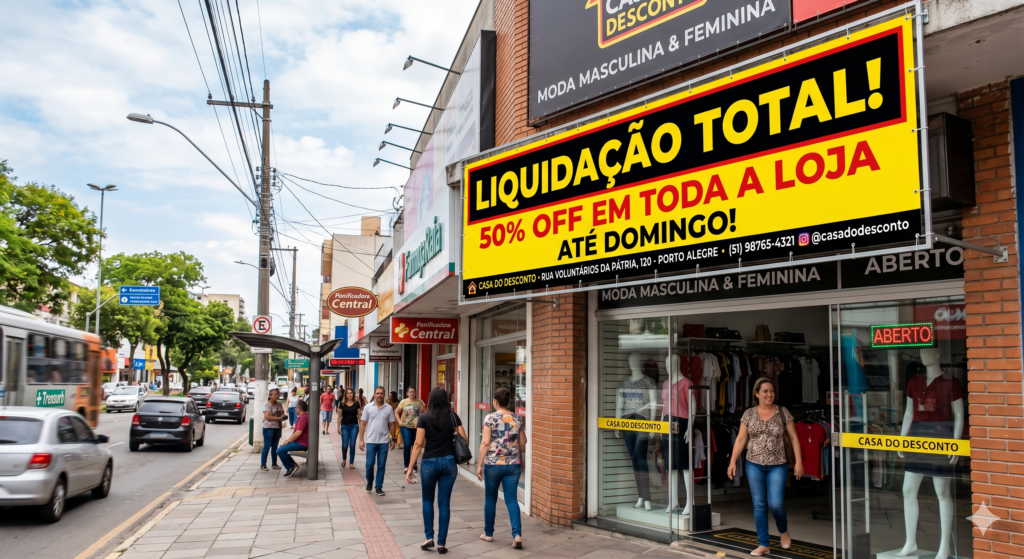 Fachada de uma loja de roupas em uma avenida movimentada exibindo uma grande faixa promocional amarela e preta com o texto "LIQUIDAÇÃO TOTAL! 50% OFF EM TODA A LOJA ATÉ DOMINGO!". Há pedestres caminhando pela calçada em frente ao estabelecimento.
