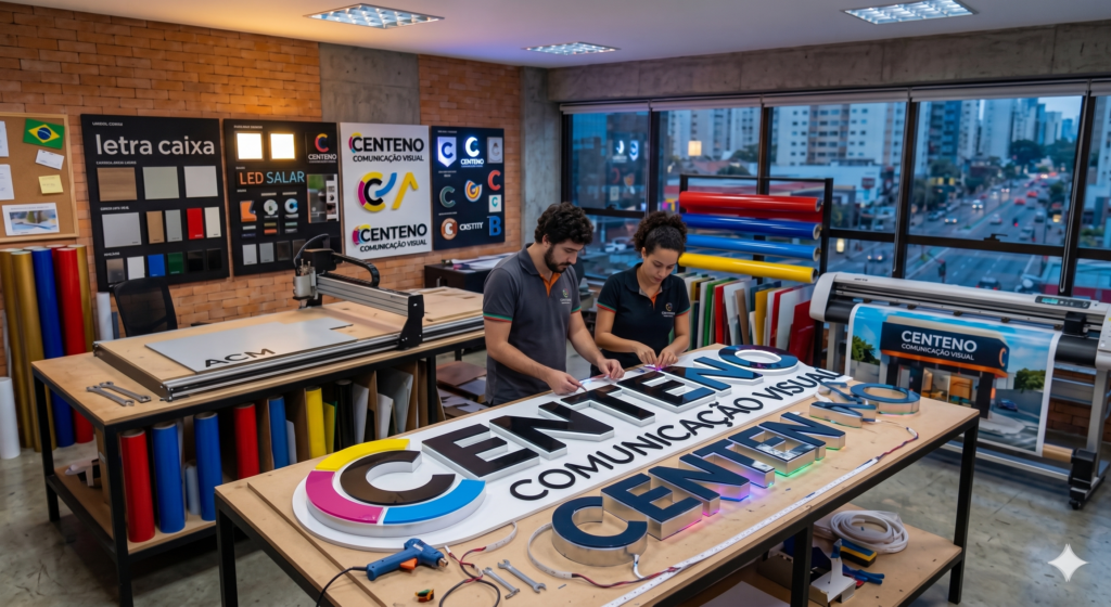 Dois profissionais em uma oficina moderna de comunicação visual montando letras caixa em relevo sobre uma mesa de trabalho. Em primeiro plano, destaca-se o luminoso da marca "CENTENO COMUNICAÇÃO VISUAL" com o logotipo em formato de "C" estilizado nas cores ciano, magenta, amarelo e preto (CMYK). Ao fundo, há placas de amostras como "letra caixa", bobinas de vinil adesivo coloridas e uma impressora de grande formato exibindo um layout de fachada comercial.