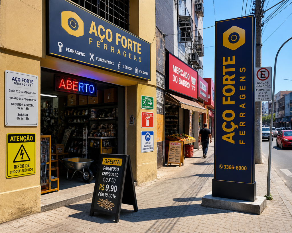 Fachada de uma loja de ferragens chamada "Aço Forte Ferragens". À direita, na calçada, destaca-se uma placa estilo totem vertical azul-escuro com letras amarelas. Na entrada da loja, há um letreiro luminoso "ABERTO", uma placa de identificação comercial com CNPJ e horários, e placas de sinalização de segurança (advertência e obrigação). Na calçada, há também um cavalete de ofertas de parafusos.