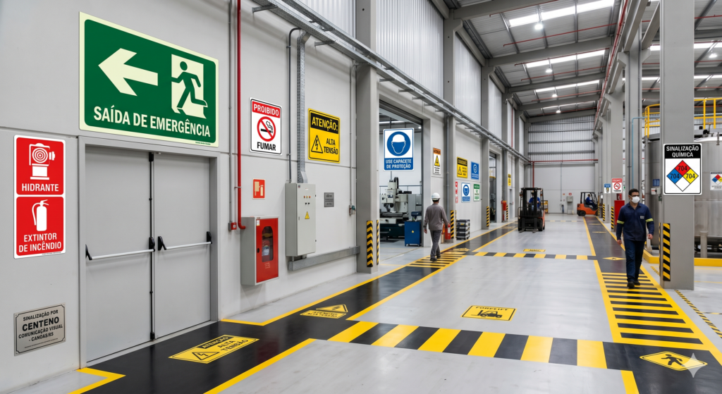 Interior de um galpão industrial amplo com diversas placas de sinalização de segurança instaladas nas paredes e demarcações amarelas e pretas pintadas no piso. À esquerda, destaca-se uma porta corta-fogo com uma grande placa verde de saída de emergência acima dela.