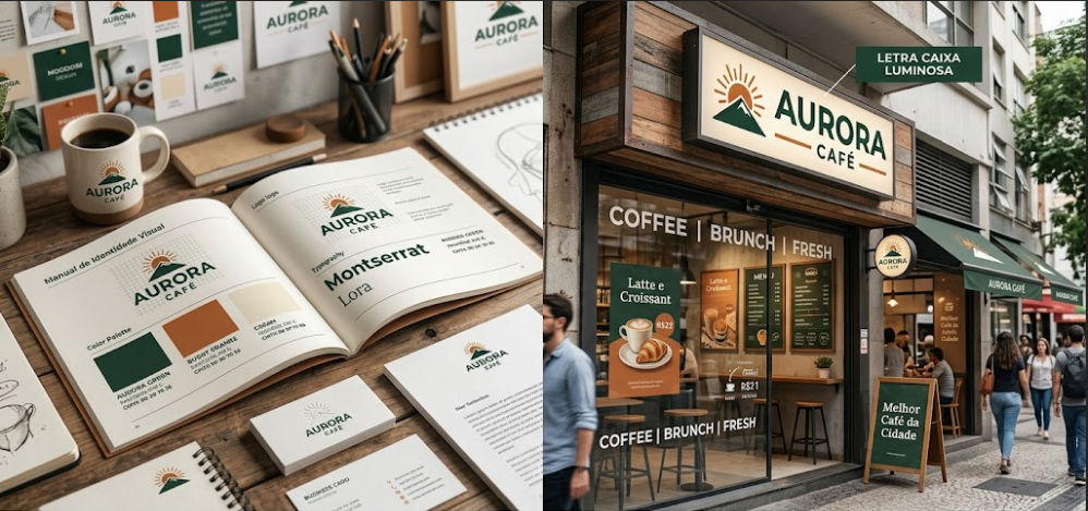 Uma imagem dividida ao meio mostrando a diferença entre projeto e execução. Do lado esquerdo, materiais de identidade visual do "Aurora Café" dispostos sobre uma mesa de madeira, incluindo um manual de marca aberto, paleta de cores e cartões de visita. Do lado direito, a comunicação visual aplicada na fachada real da cafeteria, destacando um letreiro luminoso em letra caixa, vitrine adesivada e placas de sinalização na rua.