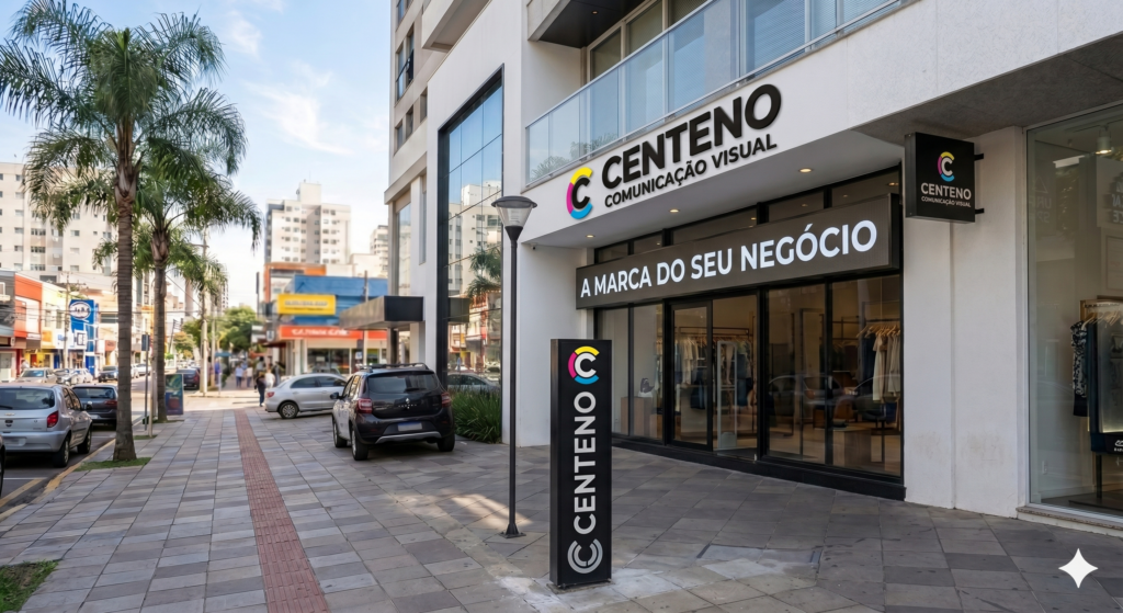 Fachada moderna de loja comercial com letreiro tridimensional em letra caixa da Centeno Comunicação Visual. O logotipo exibe as cores do padrão CMYK (azul, rosa e amarelo) em uma calçada urbana com totem preto.