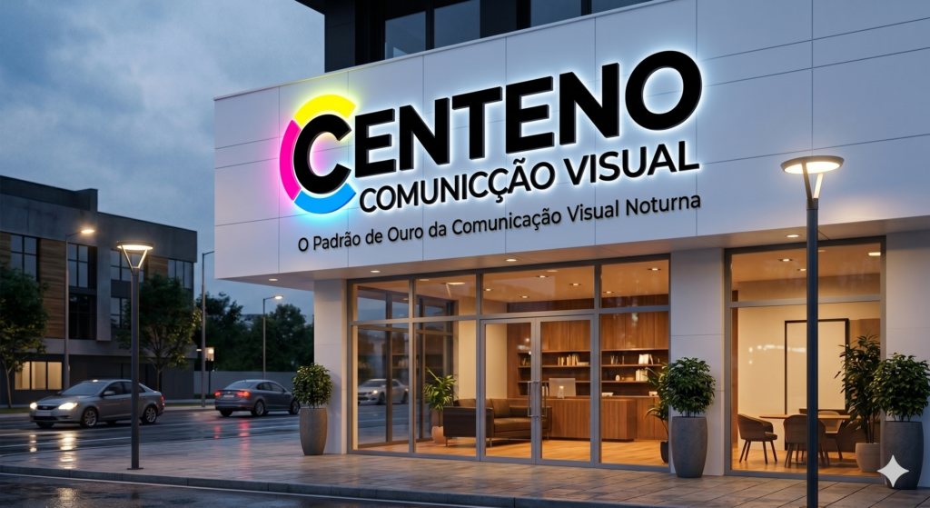 Fachada moderna e noturna da empresa Centeno Comunicação Visual com letreiro tridimensional em letra caixa iluminada por LED. O logotipo exibe a letra "C" estilizada nas cores do CMYK (amarelo, magenta e ciano) e o texto principal em preto com brilho branco ao redor. A fachada do prédio é cinza-claro com grandes vidraças iluminadas que mostram o interior da recepção.