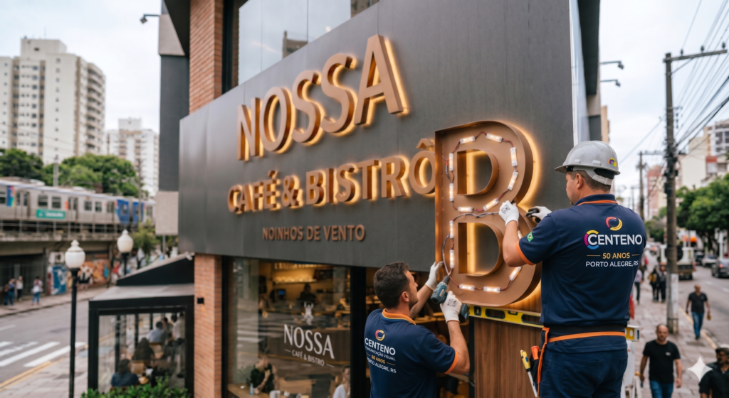 Dois técnicos da Centeno Comunicação Visual, usando capacetes de proteção e uniformes azuis-marinhos, instalam uma grande letra caixa iluminada por LED em formato da letra "B" na fachada de um estabelecimento comercial chamado "NOSSA Café & Bistrô". No uniforme dos colaboradores, destaca-se a nova logo redonda da empresa com as cores ciano, magenta e amarelo. Ao fundo, é possível ver a paisagem urbana do bairro Moinhos de Vento em Porto Alegre, com prédios e um trem circulando na linha elevada.