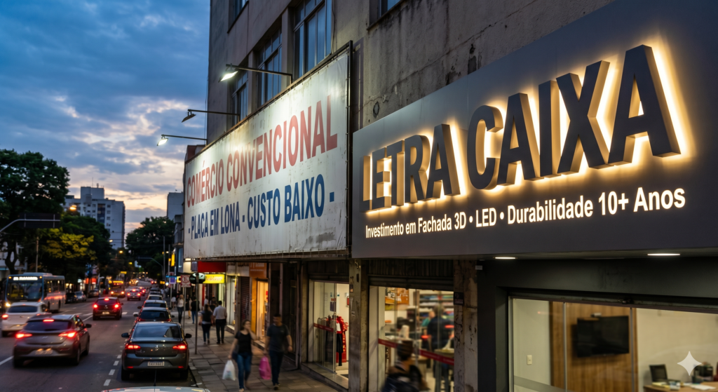 Duas fachadas comerciais vizinhas em uma rua movimentada ao anoitecer. À esquerda, um letreiro convencional em lona branca com as frases vermelhas e azuis "COMÉRCIO CONVENCIONAL" e "PLACA EM LONA • CUSTO BAIXO". À direita, um letreiro moderno em letra caixa preta e cinza com retroiluminação em LED amarelo quente, exibindo em destaque "LETRA CAIXA" e, logo abaixo, "Investimento em Fachada 3D • LED • Durabilidade 10+ Anos". Ao fundo, carros trafegam com faróis acesos em uma avenida urbana sob um céu nublado de fim de tarde.