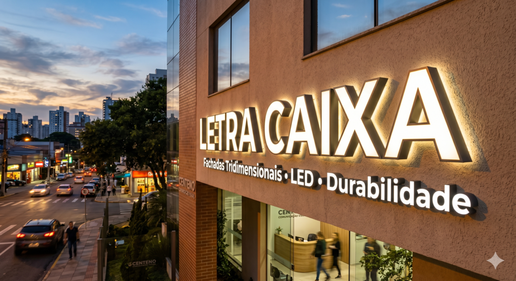 Fachada comercial em ângulo diagonal ao anoitecer com letreiro em letra caixa iluminada por LED branco. O letreiro principal exibe "LETRA CAIXA" em tamanho grande e, logo abaixo, os dizeres "Fachadas Tridimensional • LED • Durabilidade". À esquerda, vê-se uma rua movimentada com carros e prédios ao fundo sob um céu de fim de tarde.
