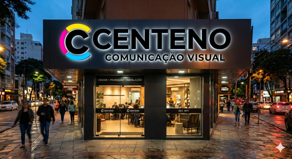 Fachada comercial noturna da Centeno Comunicação Visual instalada em uma esquina urbana movimentada. O letreiro principal é uma letra caixa moderna em tom escuro com iluminação LED branca embutida (frontlit). O logotipo à esquerda destaca a letra "C" estilizada com arcos coloridos nas cores ciano, magenta e amarelo. Através das grandes vidraças da loja, é possível ver o ambiente interno iluminado com escritórios de design e atendimento. Pedestres caminham pela calçada molhada ao anoitecer.