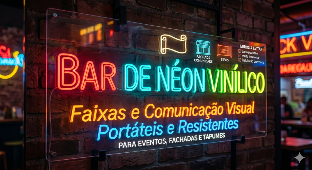 Placa de acrílico transparente com letreiro luminoso em LED néon colorido fixada sobre uma parede de tijolos rústicos escuros. Na placa, lê-se em destaque "BAR DE NÉON VINÍLICO" com as palavras alternando entre as cores vermelha, ciano e verde. Abaixo, há os textos em letras menores "Faixas e Comunicação Visual" em amarelo, "Portáteis e Resistentes" em azul claro e "PARA EVENTOS, FACHADAS E TAPUMES" em branco. No topo superior direito da placa, há pequenos ícones ilustrativos e uma seção intitulada "ERROS A EVITAR". Ao fundo, em desfoque, percebe-se o ambiente interno de um bar noturno com outros letreiros luminosos.
