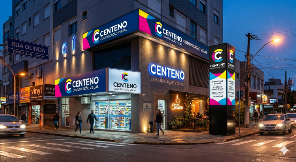 Fotografia urbana noturna de uma esquina de rua no Rio Grande do Sul, mostrando a fachada de uma empresa de comunicação visual chamada "CENTENO Comunicação Visual". O prédio de esquina tem painéis de LED brilhantes e coloridos com o novo logotipo da empresa (as letras "C.C" formadas por segmentos em ciano, magenta e amarelo) ao lado do nome "CENTENO" e da descrição "COMUNICAÇÃO VISUAL". As cores vibrantes da marca (ciano, magenta, amarelo e azul escuro) são integradas aos luminosos e a um grande totem de LED vertical. No totem, uma lista de serviços inclui "IMPRESSÃO DIGITAL", "PLACAS E LUMINOSOS", "SINALIZAÇÃO" e "FACHADAS". A rua tem faixas de pedestres e carros passando, e há um café e uma farmácia com luzes quentes na parte inferior do mesmo prédio. Uma placa de rua tradicional no poste indica "RUA OLINDA" e as direções para Porto Alegre e Canoas. A atmosfera é de uma noite ativa na cidade, com a nova identidade visual da Centeno se destacando contra o céu azul escuro e os edifícios vizinhos.