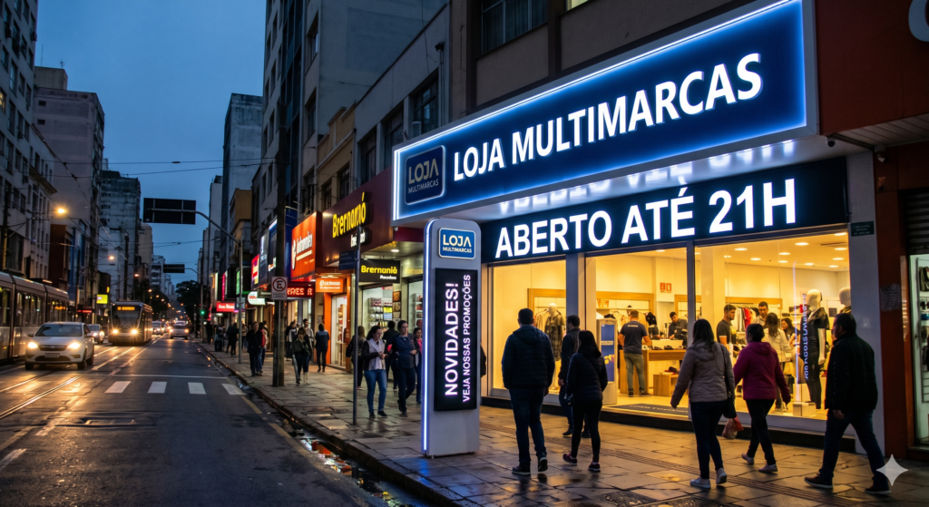Fachada de loja iluminada à noite em rua movimentada. Letreiro luminoso azul em letra caixa com LED lê "LOJA MULTIMARCAS". Abaixo, outro luminoso indica "ABERTO ATÉ 21H". Na calçada, há um totem iluminado vertical com a palavra "NOVIDADES!" e pessoas caminhando em frente à vitrine iluminada.