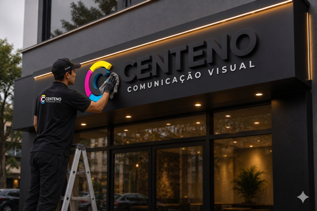Profissional de comunicação visual sobre uma escada realizando a limpeza e manutenção preventiva da fachada de uma loja. A fachada é preta com iluminação LED embutida quente, destacando o letreiro em letra caixa escura escrito "CENTENO COMUNICAÇÃO VISUAL". A logo redonda ao lado do nome exibe as cores ciano, magenta e amarelo. O profissional veste uniforme preto também com a nova logo da marca.