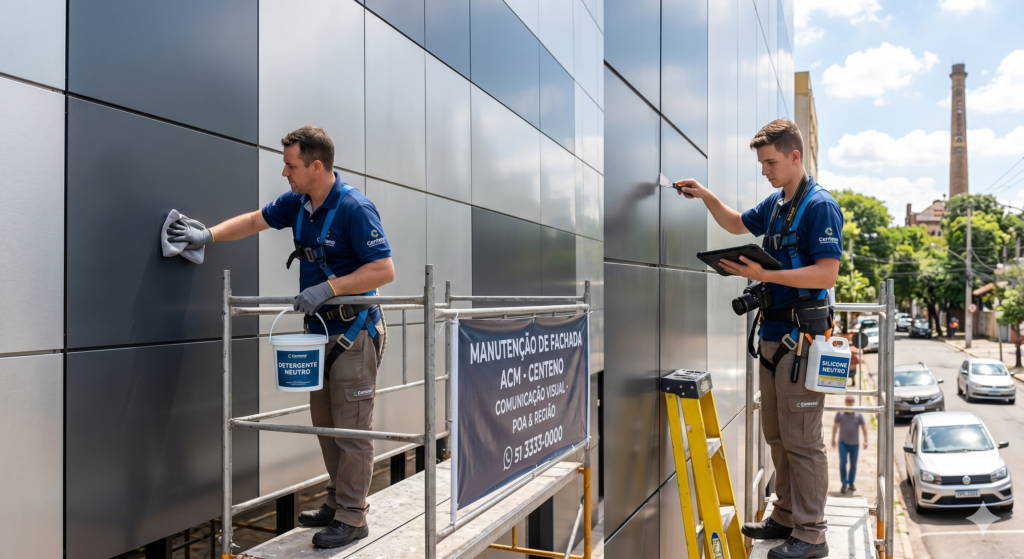 Montagem com duas fotos mostrando profissionais com uniformes azuis da Centeno Comunicação Visual realizando manutenção em uma fachada de ACM cinza e preta. À esquerda, um técnico limpa as chapas usando um pano e um balde de detergente neutro sobre um andaime. À direita, outro técnico inspeciona as juntas usando uma espátula e um tablet.