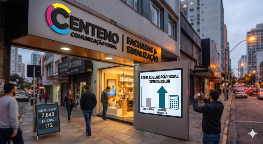 Vista externa noturna de uma loja de rua movimentada. A fachada moderna em preto e detalhes em madeira exibe a nova marca em letra caixa iluminada escrita "CENTENO COMUNICAÇÃO VISUAL", acompanhada da logo em formato circular nas cores CMYK (ciano, magenta e amarelo). À frente do estabelecimento, há um totem digital grande que exibe um gráfico de barras ilustrativo e o texto "ROI DA COMUNICAÇÃO VISUAL: COMO CALCULAR". Pessoas circulam na calçada e na via pública ao fundo.