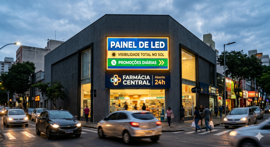 Fachada de esquina de uma farmácia com um grande painel de LED luminoso aceso acima da entrada, mostrando carros passando na rua ao anoitecer.
