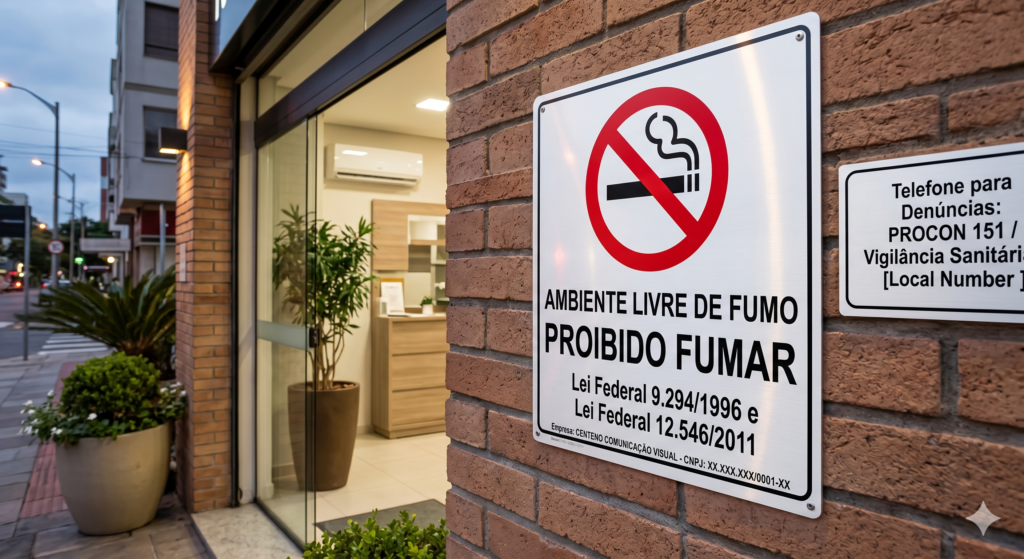 Fotografia em ângulo diagonal mostrando a entrada de um estabelecimento comercial com fachada de tijolos à vista. Fixada na parede externa, ao lado de uma porta de vidro deslizante aberta, há uma placa branca de sinalização com o símbolo internacional de proibição ao fumo (um cigarro aceso dentro de um círculo vermelho cortado por uma barra diagonal). Abaixo do símbolo, constam os textos "AMBIENTE LIVRE DE FUMO" e "PROIBIDO FUMAR", seguidos pelas referências "Lei Federal 9.294/1996 e Lei Federal 12.546/2011" e os dados da empresa. À direita, há uma placa menor com informações de telefone para denúncias do PROCON 151 e Vigilância Sanitária. O interior do local é visível, iluminado e decorado com plantas.