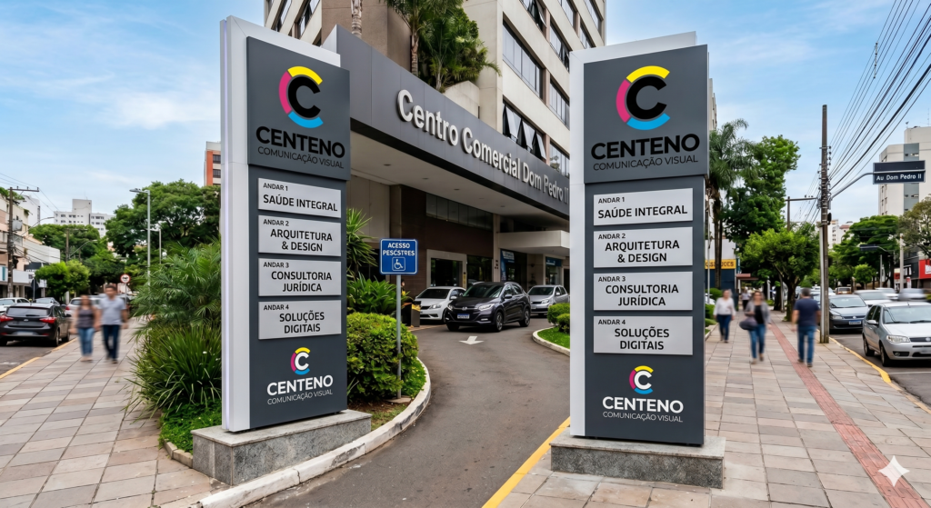 Fotografia em ângulo frontal de dois totens de identificação comercial verticais da Centeno Comunicação Visual instalados na calçada da entrada do Centro Comercial Dom Pedro II. Os totens são na cor cinza-escuro com acabamento em ACM. No topo de cada um, destaca-se o logotipo da Centeno com um círculo preto centralizado, cercado por arcos coloridos em amarelo, magenta e ciano. Abaixo do logo está o texto "CENTENO COMUNICAÇÃO VISUAL" e o ícone com a frase "Estamos aqui!". O corpo do totem lista os andares e as empresas do condomínio em placas brancas retangulares: Andar 1 Saúde Integral, Andar 2 Arquitetura & Design, Andar 3 Consultoria Jurídica e Andar 4 Soluções Digitais. Ao fundo, vê-se a entrada do prédio com carros e pessoas caminhando na calçada em um dia claro.