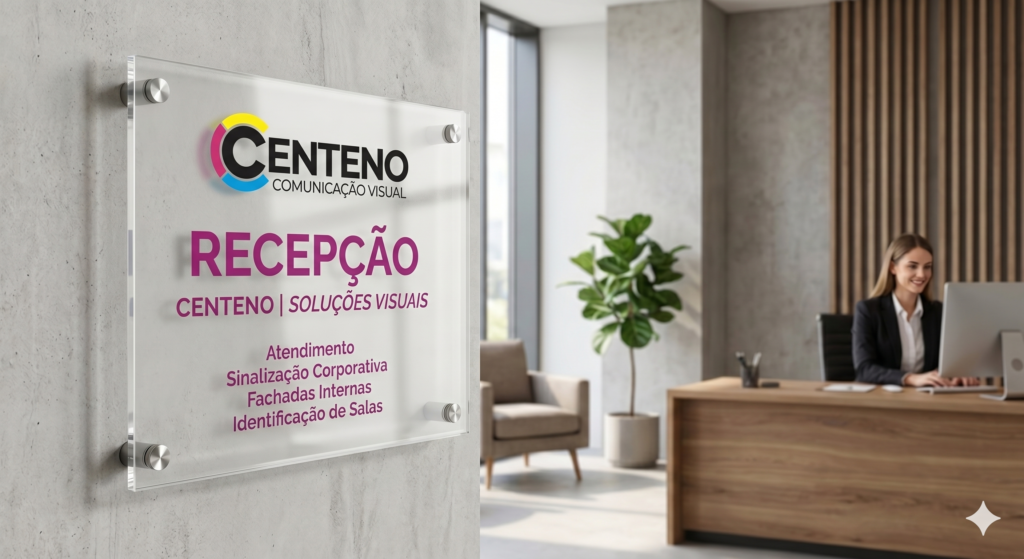 Placa de acrílico transparente fixada com espaçadores de inox em uma parede cinza de recepção corporativa. Na placa, há o logotipo colorido da "Centeno Comunicação Visual" e a inscrição "RECEPÇÃO | CENTENO | SOLUÇÕES VISUAIS" em letras roxas, seguida por uma lista de serviços. Ao fundo, uma mulher jovem de cabelos escuros e cachecol roxo sorri sentada atrás de uma mesa de madeira com computador.