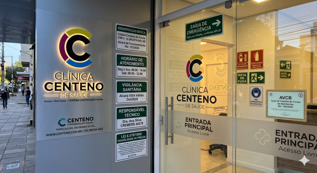 Fotografia em ângulo oblíquo mostrando a fachada de vidro da Clínica Centeno de Saúde. À esquerda, em um painel metálico escovado, há um grande letreiro em relevo iluminado por trás (efeito backlit) com o texto "CLÍNICA CENTENO DE SAÚDE". O logotipo é composto por um "C" preto envolto por arcos nas cores amarelo, rosa e azul, com iluminação traseira em LED amarelo quente. Logo ao lado, uma coluna vertical organiza cinco placas acrílicas verdes de regulamentação com as inscrições: Identificação Básica, Horário de Atendimento, Vigilância Sanitária, Responsável Técnico e Exigibilidade de Preços. Através da porta de vidro transparente, é possível ver a mesma identidade visual replicada na parede da recepção interna e avisos de segurança colados no vidro, como Saída de Emergência e AVCB.