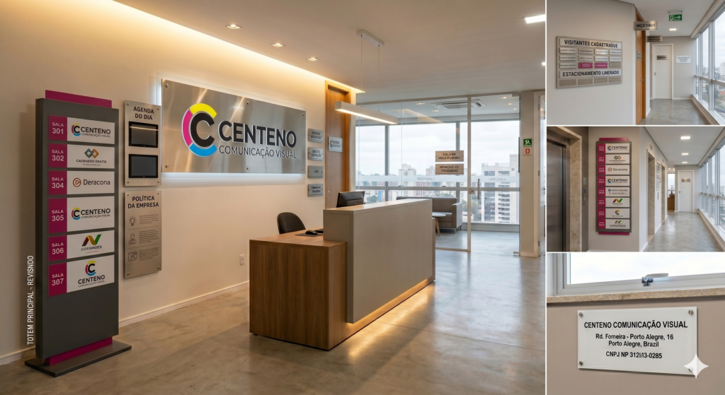 Recepção moderna de escritório com a nova identidade visual da Centeno Comunicação Visual. Na parede de fundo, há um letreiro principal em inox escovado com o logotipo atualizado em CMYK (magenta, amarelo, ciano e preto). À esquerda, um totem vertical exibe a listagem de salas e andares. O balcão de atendimento é feito de madeira clara e a iluminação embutida é quente. No canto direito, três fotos menores detalham a sinalização interna de corredores, portas e uma placa de acrílico com o CNPJ da empresa.