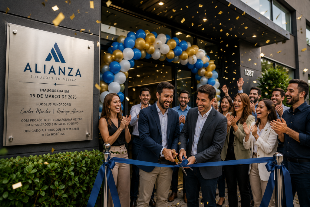 Pessoas comemorando a inauguração de uma empresa em frente ao prédio, com corte de fita, decoração festiva com balões e placa de inauguração em destaque na fachada.