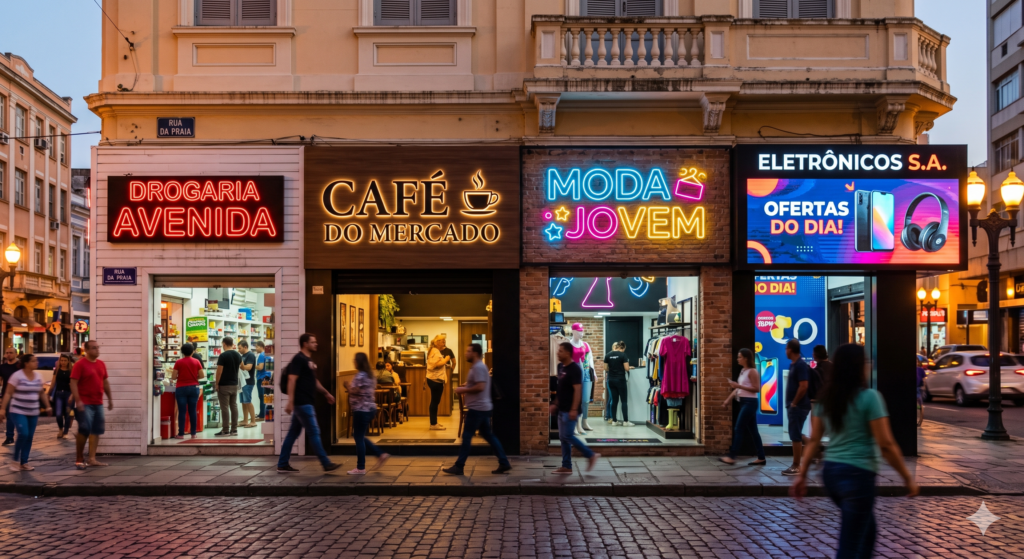 Fachada de quatro lojas comerciais lado a lado em uma rua movimentada ao anoitecer, exemplificando diferentes tipos de letreiros e placas de LED: "Drogaria Avenida" (letra caixa iluminada), "Café do Mercado" (letra caixa com luz interna/halo sobre fundo de madeira), "Moda Jovem" (letreiro estilo Néon Flex colorido) e "Eletrônicos S.A." (painel de LED digital full color exibindo anúncios). Pedestres caminham pela calçada de paralelepípedos em frente aos estabelecimentos.