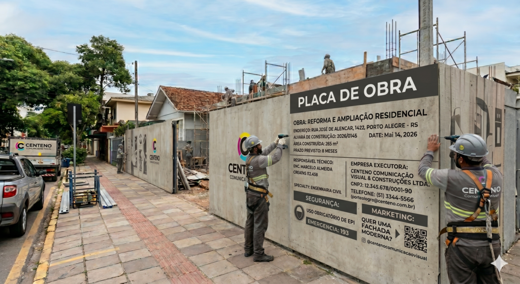 Dois operários trabalhando na instalação de uma placa de identificação de obra integrada ao tapume de uma construção residencial. A placa e a estrutura possuem uma identidade visual cinza neutra, destacando o logotipo colorido da Centeno Comunicação Visual.