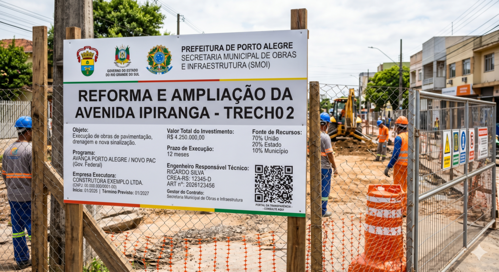 Placa de obra pública regulamentada instalada em canteiro de obras na Avenida Ipiranga em Porto Alegre. O painel exibe brasões e logotipos oficiais da Prefeitura de Porto Alegre, Governo do Estado do Rio Grande do Sul e Governo Federal (Novo PAC), detalhando valores, prazos, dados do engenheiro responsável técnico com número de CREA e um QR code de transparência. Ao fundo, operários com capacete e colete realizam serviços de pavimentação com escavadeira.