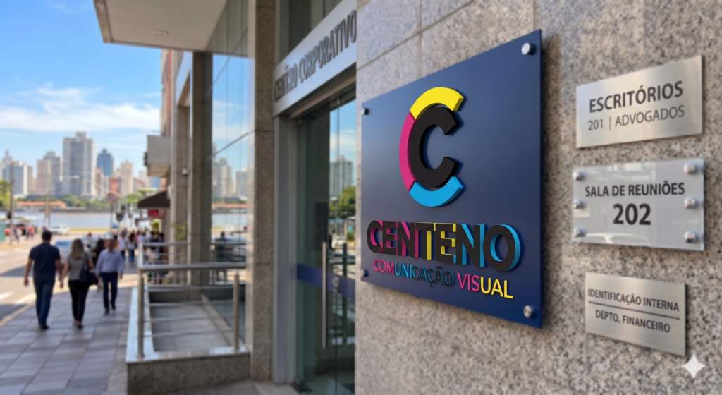 Placa corporativa azul escura fixada com espaçadores cromados na parede de granito na entrada de um edifício comercial chamado "CENTRO CORPORATIVO". A placa exibe o logotipo atualizado da Centeno Comunicação Visual com a letra "C" e o nome em letras caixa com relevo tridimensional nas cores ciano, magenta, amarelo e preto. Ao lado, há pequenas placas metálicas de inox escovado identificando salas de advogados e o departamento financeiro. Ao fundo, pedestres caminham por uma calçada ensolarada de Porto Alegre com vista para o Lago Guaíba e prédios.