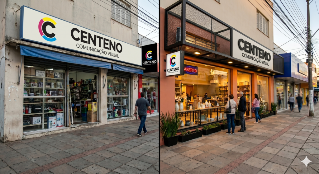 Imagem dividida ao meio mostrando o "antes e depois" da fachada de uma loja comercial da Centeno. Do lado esquerdo, a fachada antiga e desgastada com placa azul e branca escrita "Centeno Utilidades". Do lado direito, a nova fachada moderna com estrutura metálica preta, iluminação embutida, paredes em tom terracota e a nova identidade visual com letreiro iluminado escrito "Centeno Comunicação Visual" e logotipo colorido em semicírculos.