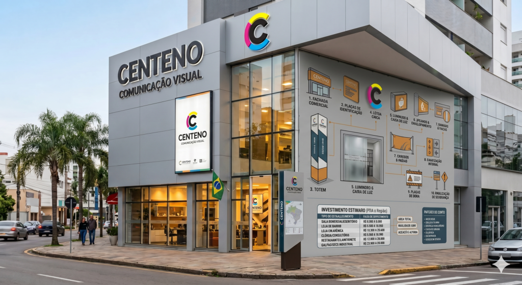 Fotografia em perspectiva de uma moderna sede de esquina de dois andares da empresa Centeno Comunicação Visual. A fachada é revestida em placas de ACM cinza fosco. No topo esquerdo, há um letreiro em caixa alta com o nome "CENTENO COMUNICAÇÃO VISUAL". Acima do vidro da esquina, destaca-se o novo logotipo da marca: uma letra "C" estilizada com arcos externos nas cores amarelo, magenta e ciano (CMYK). Na parede lateral direita, há uma grande plotagem com um infográfico detalhando tipos de serviços (como totem, banners e letras caixa) e uma tabela com a estimativa de investimento para fachadas na região de Porto Alegre e Canoas. Duas pessoas caminham na calçada em frente ao prédio sob a luz do dia.