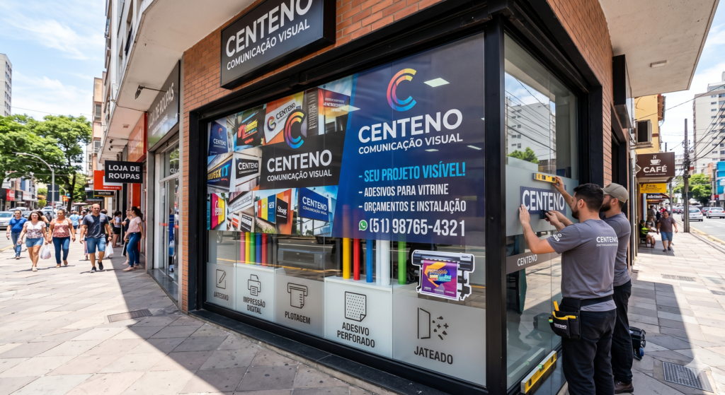 Fachada de uma loja da Centeno Comunicação Visual em uma calçada movimentada, exibindo uma grande vitrine decorada com adesivo perfurado colorido e adesivos jateados na parte inferior. À direita, dois profissionais uniformizados instalam um adesivo com a palavra "CENTENO" no vidro, utilizando ferramentas de nivelamento.
