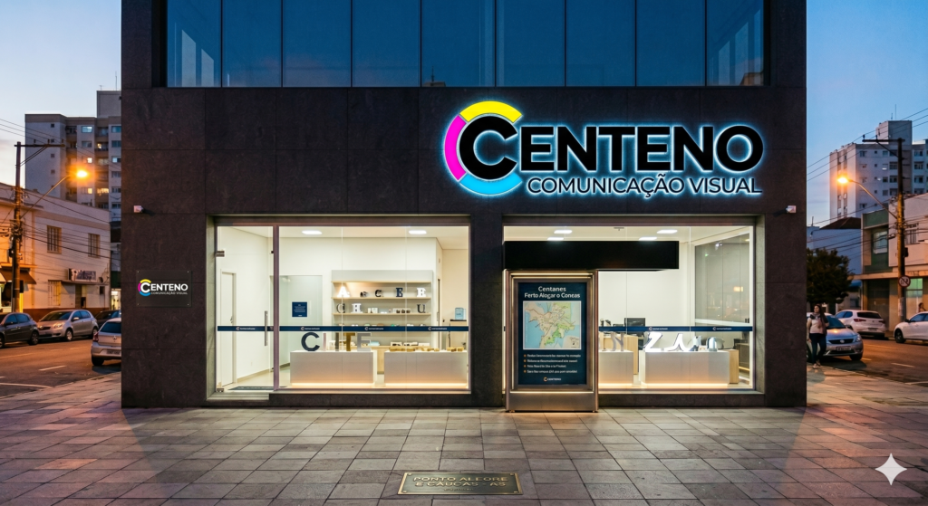 Fachada noturna da Centeno Comunicação Visual com letreiro luminoso em letra caixa acesa. O logotipo exibe a letra C preta estilizada envolvida por arcos nas cores amarelo, magenta e ciano, seguido pelo nome "CENTENO COMUNICAÇÃO VISUAL" com iluminação LED branca e contorno azul. No reflexo do vidro da loja, vê-se o interior iluminado com balcões de atendimento e amostras de letras caixa expostas.
