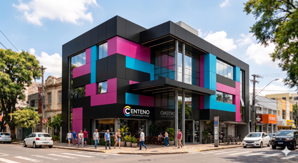 Fotografia da fachada de um prédio comercial de esquina revestido com placas de ACM preto fosco, com detalhes geométricos nas cores magenta e ciano. No térreo, há um letreiro luminoso com o logotipo da Centeno Comunicação Visual e pessoas caminhando pela calçada.