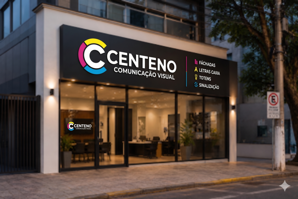 Fachada comercial noturna e moderna da sede da Centeno Comunicação Visual com revestimento em ACM preto fosco. À esquerda do painel principal, destaca-se o logotipo tridimensional em formato de letra "C" estilizada com arcos nas cores amarelo, magenta e azul ciano, seguido pelo nome "CENTENO COMUNICAÇÃO VISUAL" em letras brancas de LED. À direita, ícones coloridos listam os serviços de Fachadas, Letras Caixa, Totens e Sinalização. Grandes vitrines de vidro revelam o escritório de atendimento iluminado.