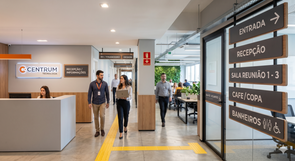 Fotografia do interior de um escritório moderno da empresa Centrum Tecnologia, exemplificando sinalização interna corporativa. Em destaque, placas direcionais suspensas e fixadas em uma estrutura preta à direita apontam para "Entrada", "Recepção", "Sala Reunião 1-3", "Café/Copa" e "Banheiros" com ícones de acessibilidade. Ao fundo, piso tátil amarelo no chão, recepção iluminada com o logotipo da marca e colaboradores caminhando pelo corredor.