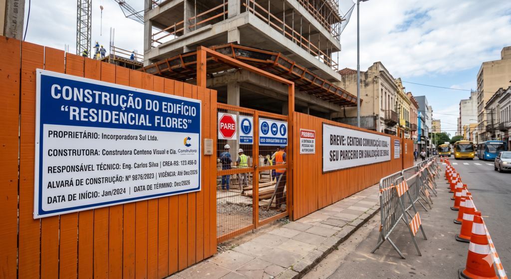 Canteiro de obras urbano com tapume de madeira laranja exibindo uma grande placa azul de identificação da "Construção do Edifício Residencial Flores". Na calçada, há barreiras metálicas e uma fileira de cones de trânsito laranjas organizados em linha. Ao fundo, vê-se a estrutura de concreto do prédio em construção e o tráfego de ônibus em uma rua de Porto Alegre.