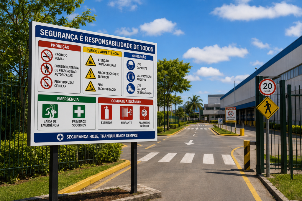 Um grande painel branco de sinalização de segurança posicionado na entrada de uma área industrial, sob um céu azul com nuvens. No topo do painel, há uma faixa azul com o texto "SEGURANÇA É RESPONSABILIDADE DE TODOS". Abaixo, o painel é dividido em cinco categorias normatizadas: Proibição (vermelho), Perigo/Advertência (amarelo), Obrigação (azul), Emergência (verde) e Combate a Incêndio (vermelho), cada uma contendo ícones e textos explicativos (como "Proibido Fumar", "Atenção Empilhadeiras" e "Extintor"). Na base do painel, uma faixa azul exibe a frase "SEGURANÇA HOJE, TRANQUILIDADE SEMPRE!". Ao fundo, vê-se uma via pavimentada com faixa de pedestres, árvores e a fachada de um galpão logístico.