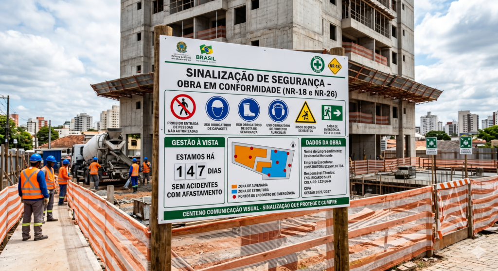 Grande placa de sinalização de segurança em canteiro de obras estruturado da Centeno Comunicação Visual. A placa exibe avisos da NR-18 e NR-26, uso de EPIs obrigatórios, quadro de gestão à vista com dias sem acidentes, dados da obra e mapa do local. Ao fundo, operários trabalham próximos a um caminhão betoneira e à estrutura do edifício em construção.
