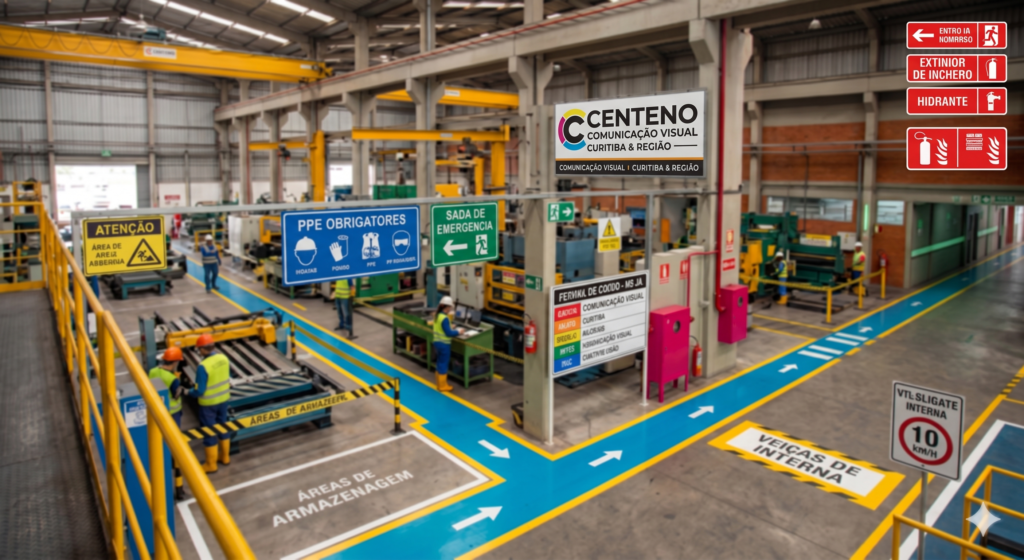 Fotografia do interior de um galpão industrial com demarcações de segurança no piso em azul, verde e amarelo, trabalhadores com EPIs e diversas placas de sinalização de segurança (NR-26). No pilar central, destaca-se uma grande placa com o logotipo da Centeno Comunicação Visual e o texto "Curitiba & Região".