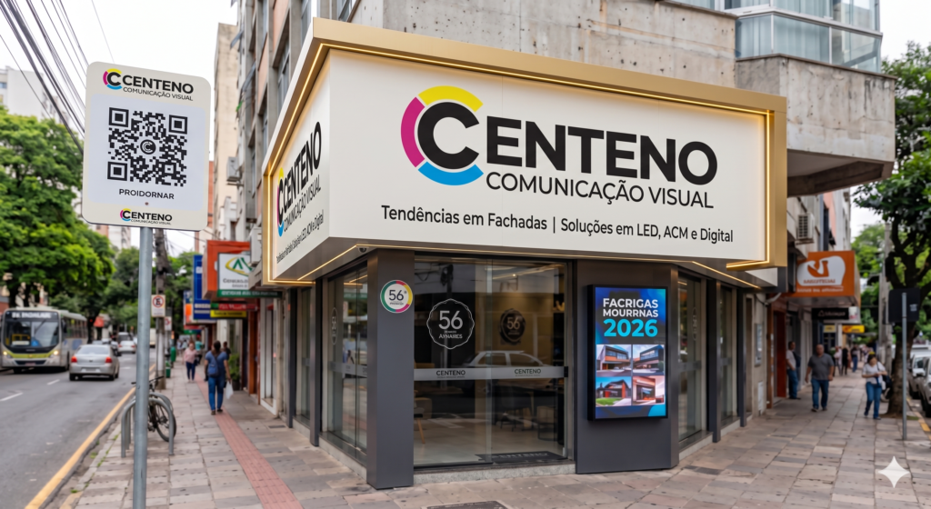 Fachada comercial moderna em esquina da Centeno Comunicação Visual com nova identidade visual. A estrutura possui testeira branca com moldura e iluminação em LED dourado quente. O letreiro principal exibe o logotipo "Centeno Comunicação Visual" com arco nas cores CMYK (rosa, amarelo e azul). À esquerda, um totem branco exibe um QR Code e o novo logo. Na parede lateral, há um display digital vertical exibindo "Fachadas Modernas 2026".