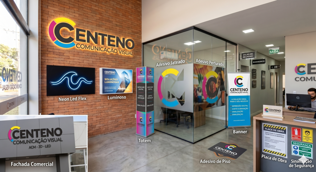 Fotografia do interior de uma loja de comunicação visual com o logotipo 'Centeno' atualizado em letras escuras na parede de tijolos e elementos coloridos em ciano, magenta e amarelo. O espaço simula um showroom com exemplos práticos de produtos indicados por etiquetas de texto: Fachada Comercial (em destaque no canto inferior esquerdo), Neon Led Flex, Luminoso, Totem, Adesivo Jateado, Adesivo Perfurado, Banner, Adesivo de Piso, Placa de Obra e Sinalização de Segurança. À direita, um funcionário trabalha atrás de um balcão de atendimento.