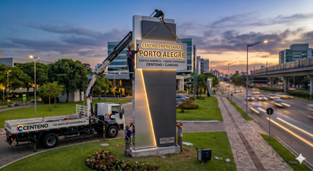 Equipe técnica da Centeno Comunicação Visual utilizando um caminhão-guindaste para instalar um grande totem luminoso de ACM na calçada de uma avenida movimentada em Porto Alegre ao entardecer. O totem exibe um painel retroiluminado com os dizeres "Centro Empresarial Porto Alegre - Centeno - Canoas". O caminhão da empresa exibe o logotipo atualizado da Centeno com a letra C estilizada em faixas coloridas e o texto "+10 Anos de Experiência" na lateral.