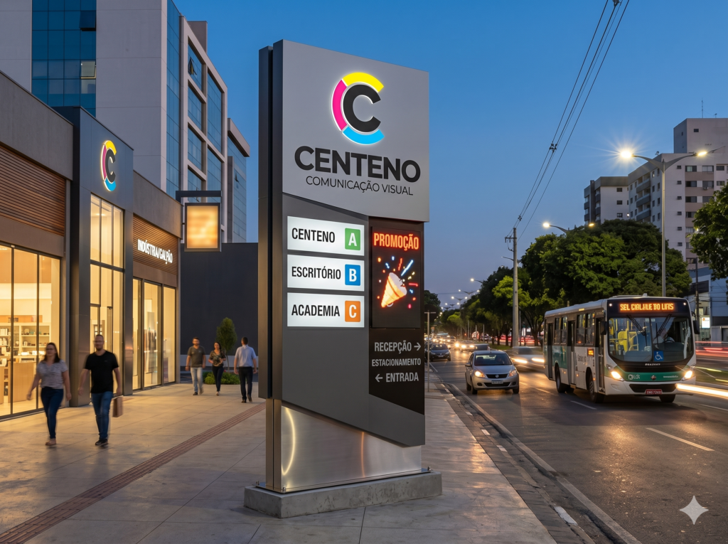 Totem luminoso vertical moderno da empresa "CENTENO Comunicação Visual" instalado na calçada de uma avenida ao anoitecer em uma cidade brasileira. O totem exibe o logotipo colorido (magenta, amarelo, ciano), o nome da empresa e o texto "COMUNICAÇÃO VISUAL". Abaixo, painéis brancos indicam inquilinos: "CENTENO A", "ESCRITÓRIO B", "ACADEMIA C". Uma tela de LED exibe "PROMOÇÃO" com fogos de artifício. Setas direcionais indicam: "RECEPÇÃO ->", "ESTACIONAMENTO ->", "