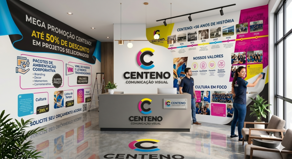 Fotografia da recepção de uma empresa mostrando a aplicação de vinil adesivo em diversas paredes comerciais. No centro, a parede principal exibe o logotipo oficial da Centeno Comunicação Visual — a letra C estilizada nas cores ciano, magenta, amarelo e preto — aplicado em relevo tridimensional sobre um balcão cinza que repete a marca e seu reflexo no chão de porcelanato polido. À esquerda, uma parede exibe um grande adesivo preto e azul com o texto "Mega Promoção Centeno! Até 50% de desconto em projetos selecionados!" e detalhes sobre pacotes de ambientação corporativa. À direita, um painel curvo nas cores amarelo e magenta apresenta uma linha do tempo ilustrada com fotos históricas sob o título "Centeno: +56 Anos de História", além de seções dedicadas aos valores e à cultura da empresa. Uma funcionária simula a aplicação de um adesivo na extremidade direita e um colaborador está em pé próximo ao balcão.