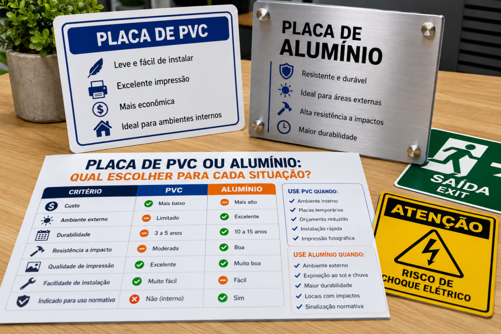 Placas de PVC e alumínio comparadas lado a lado mostrando diferenças de resistência, durabilidade, custo e indicação de uso em comunicação visual.