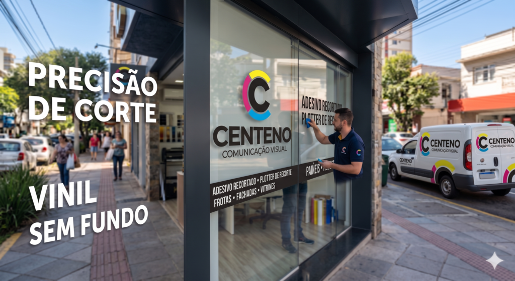 Fachada de vidro da empresa Centeno Comunicação Visual, mostrando a aplicação de um adesivo recortado em vinil sem fundo. À direita, um homem instala o logotipo preto, rosa, amarelo e azul no vidro. Ao fundo, uma van branca da empresa exibe a mesma identidade visual atualizada e detalhes coloridos na lataria. Do lado esquerdo, em destaque na foto, os textos flutuantes "PRECISÃO DE CORTE" e "VINIL SEM FUNDO".