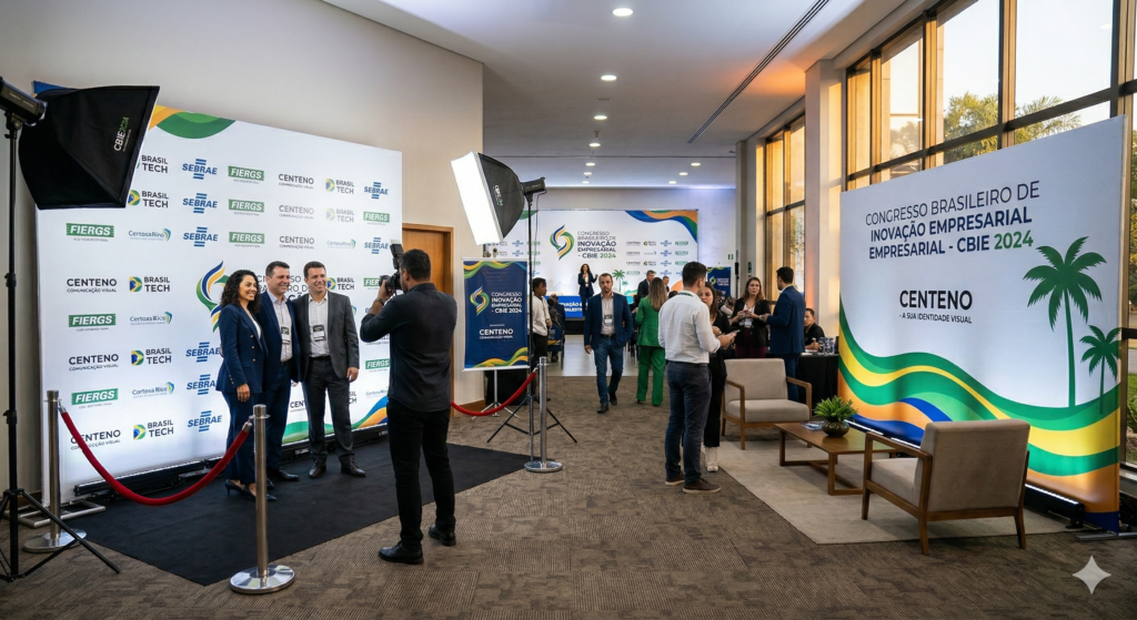 Fotografia de um salão de eventos corporativo com dois painéis instalados. À esquerda, pessoas posam para um fotógrafo em frente a um painel do tipo step and repeat com logotipos repetidos da Centeno e patrocinadores. À direita, há um painel tipo backdrop com a inscrição "Congresso Brasileiro de Inovação Empresarial - CBIE 2024" e o logotipo da Centeno aplicado ao lado de ilustrações de coqueiros e ondas coloridas.