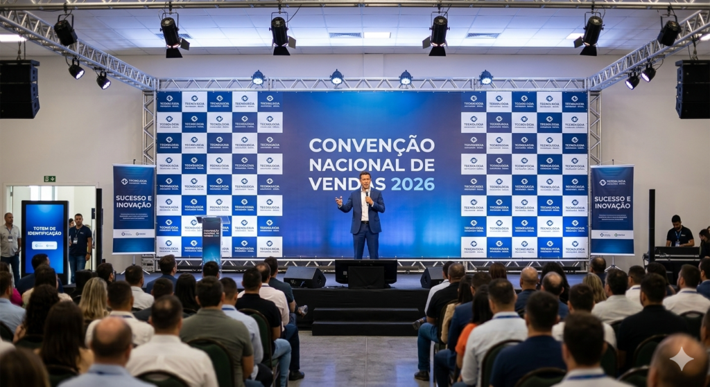Palco de evento corporativo com um palestrante à frente de um grande painel de fundo de palco azul escrito "Convenção Nacional de Vendas 2026", com laterais no padrão step and repeat de logotipos. Uma plateia assiste à apresentação.